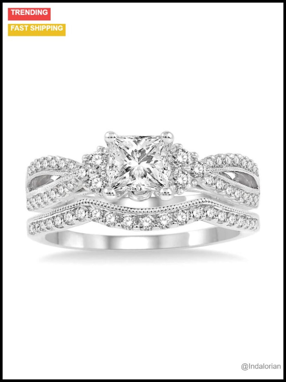 1.5 Carat Princess Cut Moissanite Bridal Set Platinum Plated Silver Ring